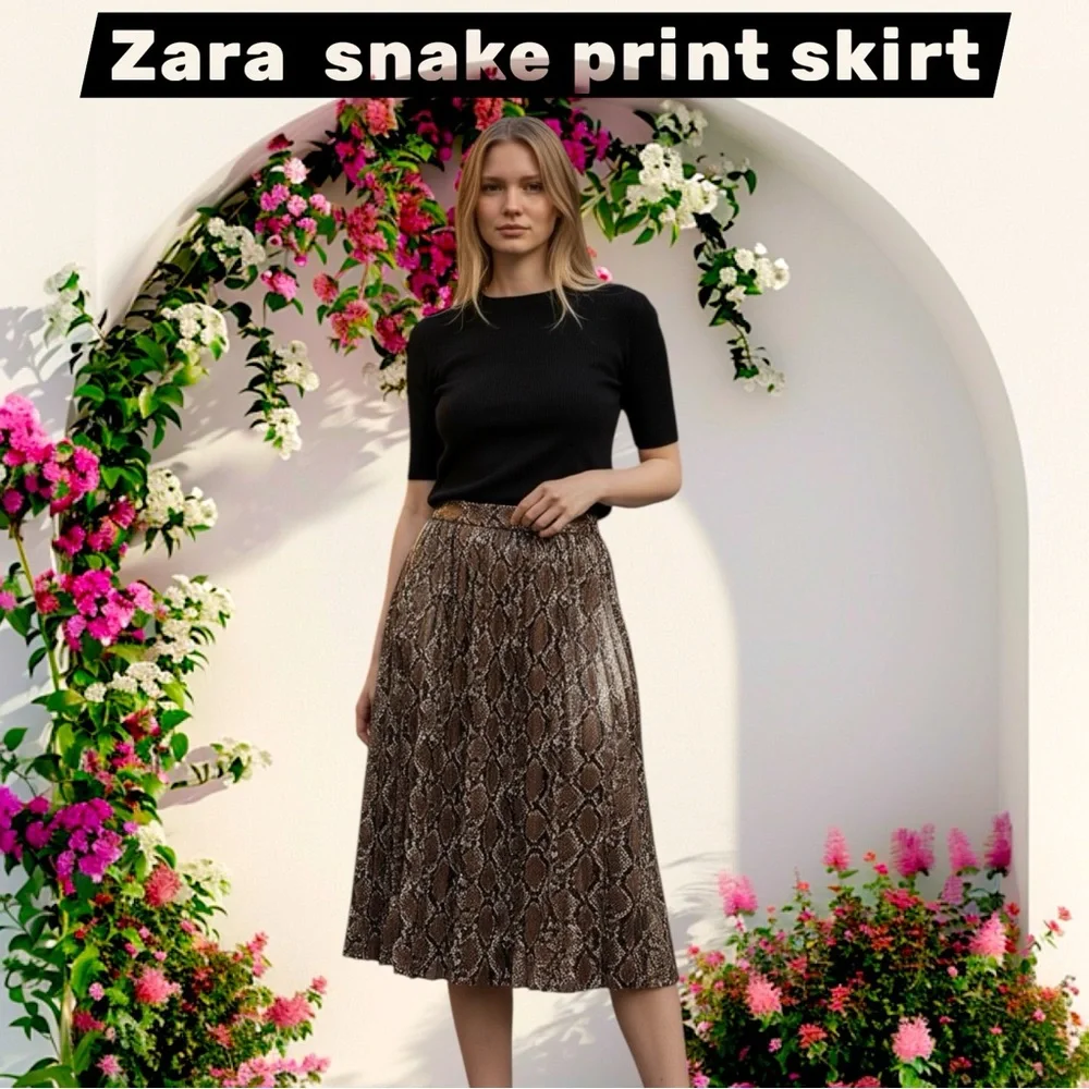 Zara Brown Snake-Print Pleated Midi Skirt - Picture 4 of 17